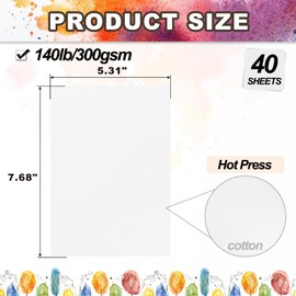 PATIKIL 40 Sheets Cotton Watercolor Paper 140lb/300 GSM Hot Press Water Coloring Paint Paper for Art Painting Watercolor Drawing Artist, 7.68x5.31 Inch
