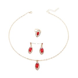Crystal Necklace Earrings Sets Vintage 4Pcs Rhinestone Teardrop Ring Jewelry Sets for Women (Red)
