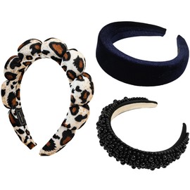 Pearl Velvet Headbands for Women, Spa Headband for Washing Face Velvet Makeup Headband Fashion Solid Color Hair Accessories Yoga Exercise Head Wraps, Sponge Puff Hairband for Skin Care (3 Pack)