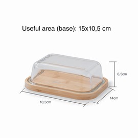 Lacor - 62898 - Butter Container, Bamboo Base, Borosilicate Glass Plate, Easy to Clean, Dishwasher Safe, 18.5 x 14 x 6.5 cm