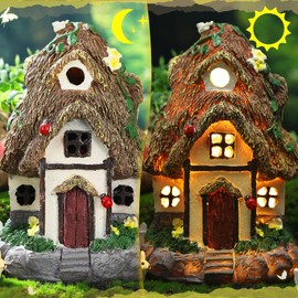 Leyndo 28 Pcs Solar House Garden Accessories Fairy Light up Fairy Figures Garden Kit Resin Miniature Mushroom House Figures Micro Landscape Ornaments(Retro)