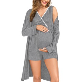 SWOMOG Maternity Pajamas 3 in 1 Labor Delivery Nursing Robe Set Post Partum Lounge Sets Hospital Bag Essentials Pregnancy Must Haves Grey