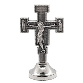 VILLAGE GIFT IMPORTERS Mini Saint Statue | | Silver-Tone Metal | Sticky Bottom - Easily Attach to Car Dash | Religious Home and Car Decor | Made in Italy (San Damiano Cross)