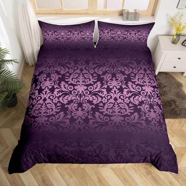 Homewish Damask Bedding Sets Single Size, Deep Purple Ombre Floral