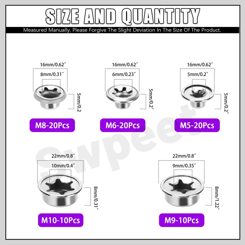Swpeet 80Pcs M5 M6 M8 M9 M10 Spring Steel Push
