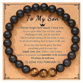 STCORPS7 Natural Stone Bracelets for Men - 8mm Tiger Eye, Matte Agate & Lava Rock Bracelet Set Gifts for Christmas, Birthday, Anniversary, Father’s Day Gifts for Him (To My Son)