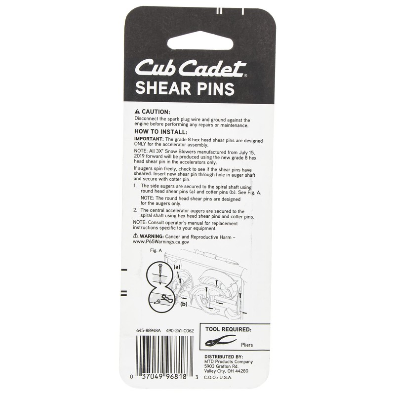 CUB CADET 490-241-C062 Shear Pin Set Kit 3X 24-34" Max