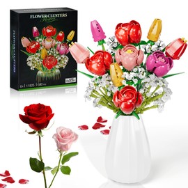 Flower Bouquet Building Set, Rose Tulips Flower Bouquet Building Kit, Roses Artificial Flowers Botanical Collection for Adults, Kids, Gifts for Valentine Christmas Mother's Day