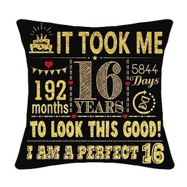 16th Birthday Present for Girls Boys - Black Cushion Cover 18x18 Inch - Gifts for Daughter Son Granddaughter Grandson Sister Friend