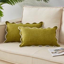 Mayler Yee Scalloped Throw Pillow Covers Set of 2 for Living Room, Soft Cotton & Cozy Linen, Boho Sytle Decorative Home (Olive Green, 12x20 Inch)