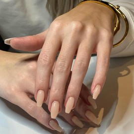 KQueenest Acrylic Press on Nails Short Medium Coffin, Beige False Nails Short Ballerina, Glossy Natural Solid Color Fake Nails Set, Reusable Gel Stick on Nail for Women Finger Daily Wear 24 Pcs