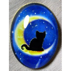 XL GLASS DOME PICTURE BUTTON - BRIGHT YELLOW MOON IN DARK BLUE STARRY SKY W CAT