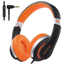 Rockpapa I20 Wired Headphones, Wired Headset On Ear Stereo Headphones with Microphone for Kids Children Adult, Adjustable Headband, Foldable Headphones for Travel/PC/Mac/Laptop/Phone (Black Orange)
