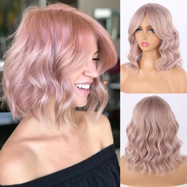 Ombre Purple Pink Wavy Bob Wig With Curtain Bangs for Women Short Light Pink Wave Wig Synthetic Highlight Pink Purple Bob Wavy Wig Natural Hair Curly Wavy Shoulder Length Wigs for Daily Use 14inch