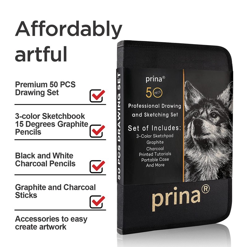 Prina 50 Pack Drawing Set Sketch Kit, Sketching Supplies with