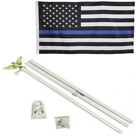 USA Thin Blue Line Embroidered Nylon Flag White Pole Kit Set Eagle Top 3x5 3' x 5'