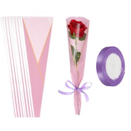 PATIKIL 150 Pack Flower Wrapping Bag, Purple Floral Packing Sleeves with Ribbons Gold Edge for Bouquets Wedding Birthday Graduation Anniversary Arrangement Gift, 17.7"x4.7"x1.2"