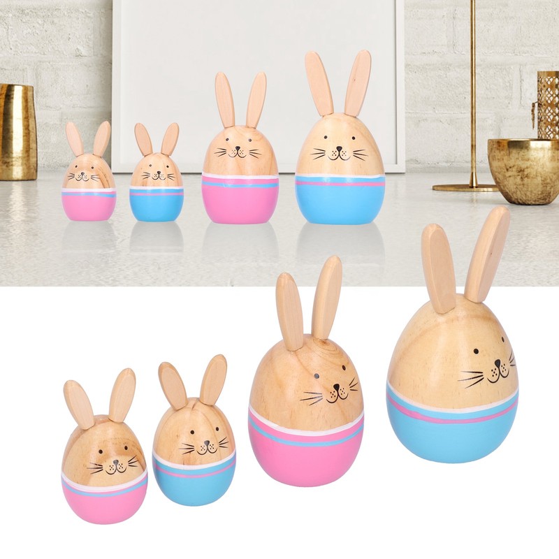Wood Rabbit Family Figures Handcraft Decoration Ornament for Living Room