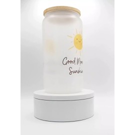 Mugzan Good Morning Sunshine Frosted Glass Can W/ Bamboo Lid 16 Oz Glass Cup by Mugzan