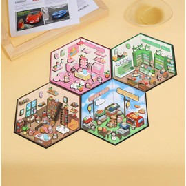 4PCS 3D Magnetic Theme Scene House, Fun DIY Stickers Scene, 3D House Stickers，Magnetic Portable Gaming Board, Cute Korean Cartoon Scene Stickers for Adult and Children Relief Stress