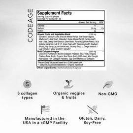 Codeage Multi Collagen Protein + Organic Raw Greens Superfood Capsules Supplement, 21 Fruits & Veggies, Grass-Fed Hydrolyzed Collagen Peptides, 5 Types All-in-One, 180 Count