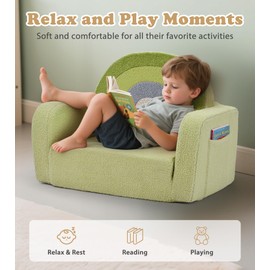 Foryoomi Kids Couch, 2-in-1 Soft Toddler Couch Fold Out with Blanket, Comfy Toddler Chair, Convertible Sofa, Gifts for Kids Girl Boys, Medium Green Rainbow