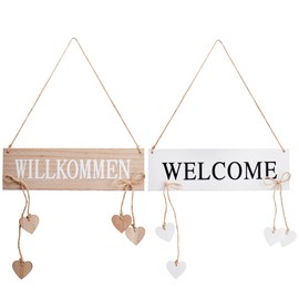 com-four® 2 x Door Tags Welcome and Welcome with Hanging Hearts - Wooden Door Signs for Hanging - Hanger for Spring Time, Easter and Summer - Wooden Decorative Sign (Pack of 02 - White)