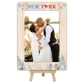 New York Travel Picture Frame, 4x6 New York Themed Wooden Frame with Easel Stand for Home Decor Tabletop Display, Vacation Honeymoon Gifts for Friends Couples - D02