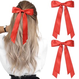 2PCS Silky Satin Hair Bows Hair Clip Red Hair Ribbon Ponytail Holder Accessories Slides Metal Clips Hair Bow for Women Girls Toddlers Teens Kids