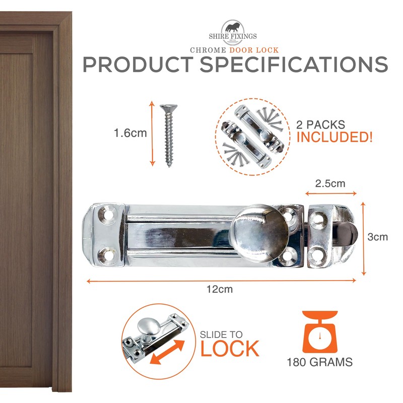 Polished Chrome Sliding Door Lock, Heavy-Duty Steel Door Bolts for