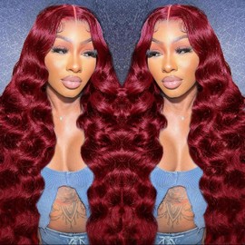 QNQZ 30 Inch Burgundy Lace Front Wigs Human Hair 13x4 Red Wigs Human Hair 99J Body Wave Lace Front Wig Human Hair Pre Plucked with Baby Hair for Women 180 Density