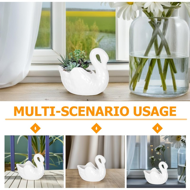 Yardwe Lovely Swan Ceramic Flowerpot with Drain Hole, White Porcelain
