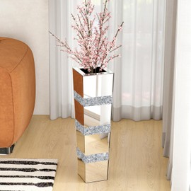 SHYFOY Mirrored Tall Floor Vase, 28" Large Crushed Diamond Floor Vase, Silver Decorative Tall Vases for Luxury Home Decor Living Room Office Bedroom Kitchen Wedding Centerpieces