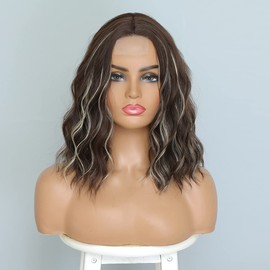 Piolamdo Short Wavy Curly Wig for Women Short Bob Brown Mixed Blonde Wigs Middle Part Hair Wig Synthetic Replacement Wigs Heat Resistant Fiber Party Costume Wig(14inch Brown Mixed Blonde)