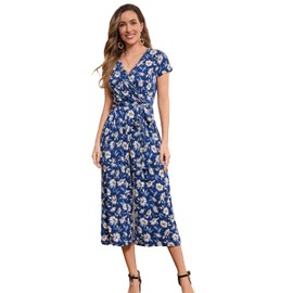 QINYI Women's Maternity Nursing Romper for Breastfeeding with Pockets V-neck Maternity Jumpsuits for Women (US, Alpha, Large, Regular, Regular, Blue Floarl)