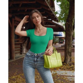 OQQ Women's 2 Piece Bodysuits Sexy Ribbed One Piece Square Neck Short Sleeve Bodysuits Green White