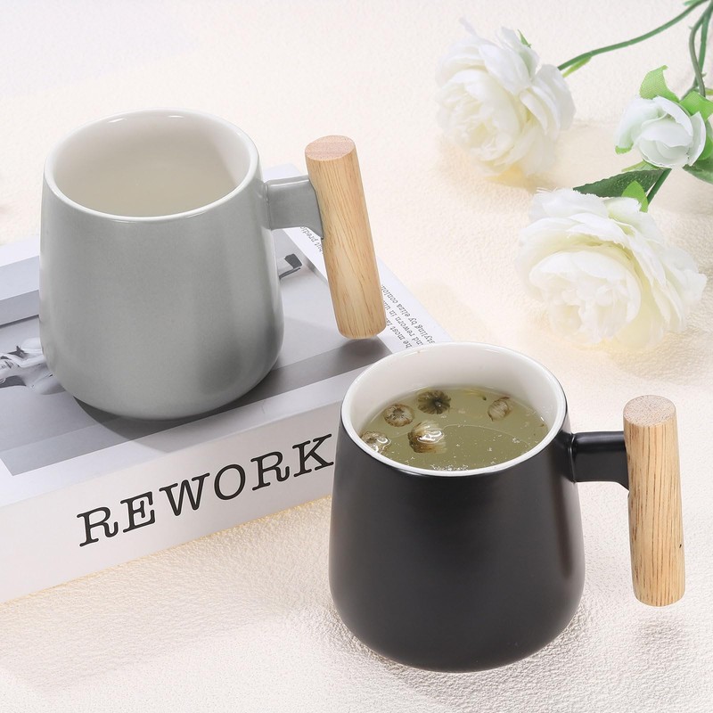 QUARKZMAN 2 Stück Keramik Kaffeetasse 12,85 Unzen Einfacher Holzgriff Große