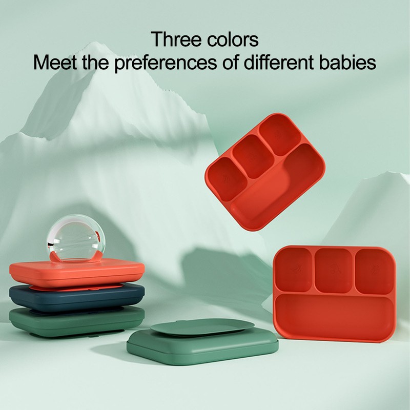 Baby Silicone Divided Food Plate with Lid Drop Resistant Suction
