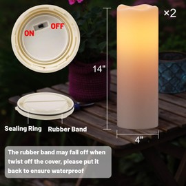 Eldnacele Large Solar Flameless Flickering Candles Outdoor Waterproof, Solar Powered Dusk to Dawn White Plastic LED Pillar Candles Garden Camping Lanterns Wedding Indoor Decor (2Pcs,4" D×14" H)
