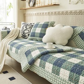 vctops Cotton Quilted Sofa Cover Farmhouse Green Plaid Sectional Couch Covers Non Slip Sofa Slipcover Furniture Protector for Dogs Pet Kids, 1 Piece/Not All Set (Type A,35"x47")