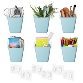 LIGHT DUST Wall Caddy Pen Holders, 6 Pack Blue Large Pencil Cups Organizer for Marker/Remote/Crayon/White Board Accessories, with Adhesive Stickers, Office Home Craft Class Kids Room Art Organization
