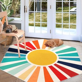 GlowSol Hexagon Sun Rug 4'x 4'6" Colorful Washable Area Rug Cute Kids Rug Ultra Soft Non-Slip Carpet Indoor Play Mat Rainbow Classroom Rug for Living Room Bedroom, Colorful