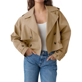 Tankaneo Womens Cropped Trench Coat Lapel Double Breasted Short Jacket Outwear with Pockets