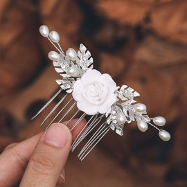 Ushiny Pearl Bride Wedding Hair Comb Silver Flowers Headdress Leaf Hair Side Comb for Women and Girls