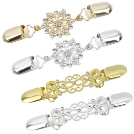 XIAQICA Pack of 4 Sweater Clip Hollow Pattern Scarf Clip Diamond Cardigan Clips Clothes Clips for Clothing Retro Cardigan Collar Shirt Brooch Clips Brooch Accessories Women (Gold, Silver), Metal