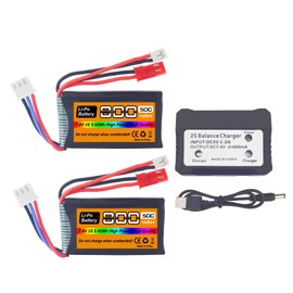 2PCS 7.4V LiPo 2S 50C 800mAh with JST and PH2.0 Plug with 2-in-1 Charger for SCX24 RC car Battery, Compatible with Most 1/10, 1/16, 1/18, 1/24 Scale RC car, Truck and RC Drone Batteries