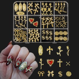 ALGLEA 72pcs Gold Nail Charms Set with Cross, Bow, Rose, Hearts, Money, Flowers and Virgin Mary - Y2K 3D Gold Charms for Nail Decorations