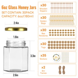 TOEKSIX 30 Pack 6 oz Honey Jars with Gold Lids,Dipper,Stickers,Tags,Bags and Jute,Small Hexagon Glass Jars for Baby Shower Favors/Wedding Party Favors,Mini Canning Jars for Candle,Spices,Jam