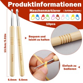 2 Pieces Crochet Hooks, 5.0mm-5.5mm Crochet Hook Set, Crochet Hook Set for Beginners, Ergonomic Wooden Handles for Crochet with Stitch Markers for Beginners DIY Knitters Crochet Yarn