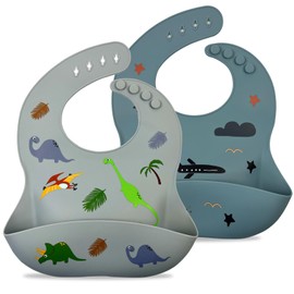 WowDojo Silicone Baby Bibs, Set of 2 - Waterproof, BPA-Free, Adjustable, Soft with Deep Pocket Food Catcher for Food-Grade Feeding- Toddlers, Boys, Girls, 6-72 Months (Dino Gray/Starry Sky Blue)